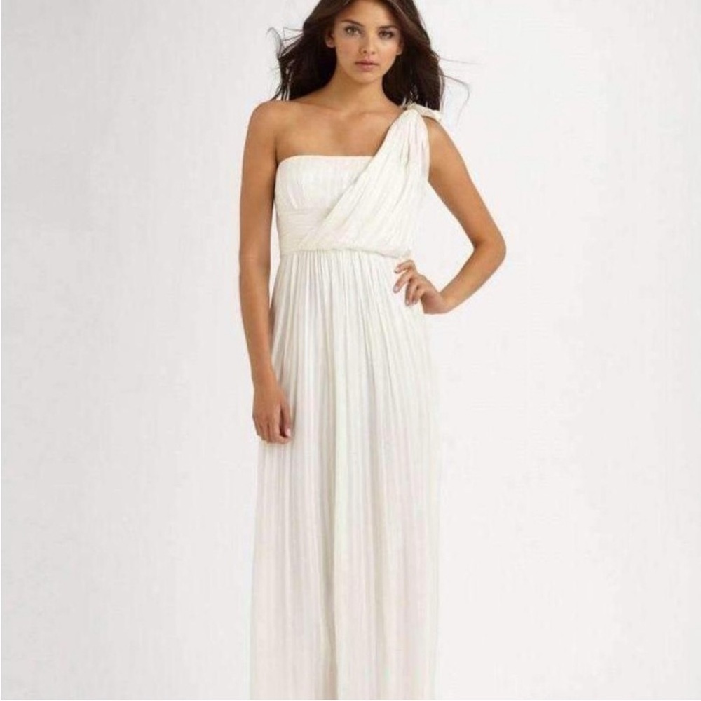 BCBGMaxAzria 100% Silk Greek Column Over Shoulder Wrap Maxi-Dress